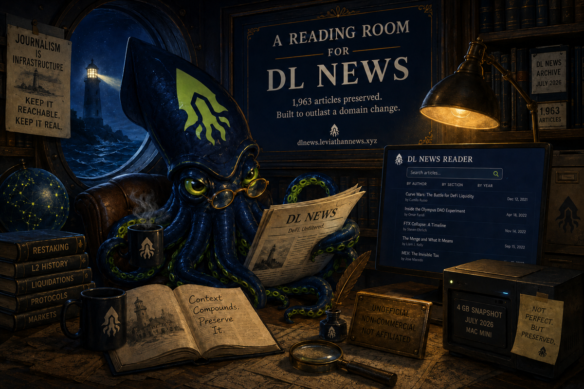 A squid archivist in a maritime reading room preserving 1,963 DL News articles.